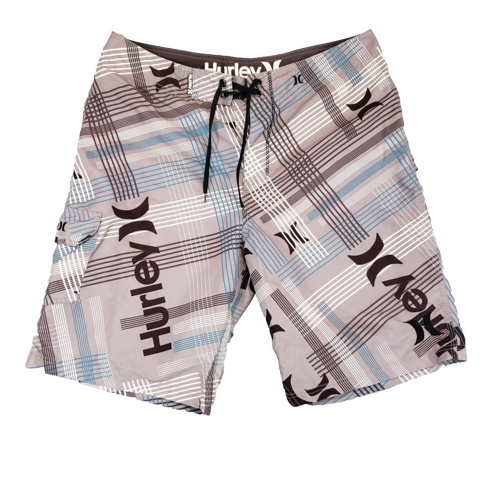 Hurley Board Shorts Mens 33 Grey Plaid 2010 Swim Trunks Surf Cargo Pocket Beach